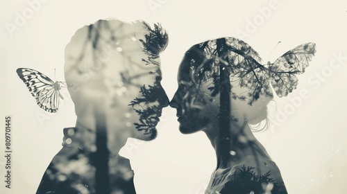 couple kissing in woods with butterflies in background, togetherness white ethnicity lifestyle female summer