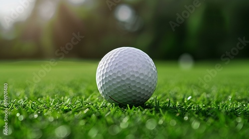 Close golf ball tee, sport, lush green, warm sunlight joy tranquility