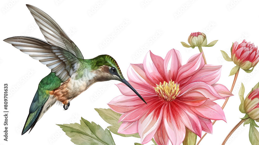 Hummingbird with Spread Wings on Pink Flower isolated on a transparent background