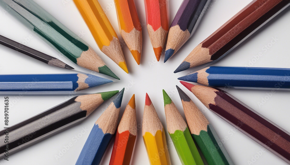 Colored pencils placed symmetrically next to each other, isolated white background
