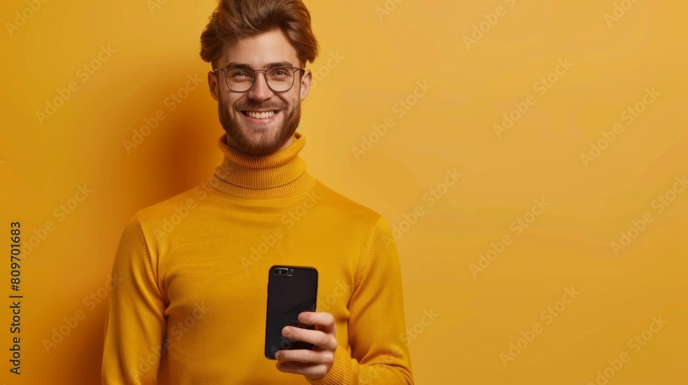 Man with Smartphone in Yellow Man with Smartphone in Yellow