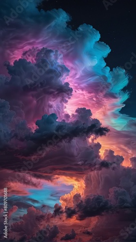 Dramatic colorful cloudy sky at sunset with dark storm clouds and vibrant orange, pink, and blue hues © O-CAP