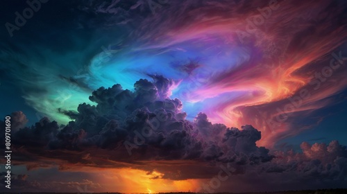Dramatic colorful cloudy sky at sunset with dark storm clouds and vibrant orange  pink  and blue hues