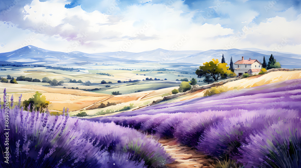 Lavender Fields of Provence: Rolling hills of purple lavender fields in Provence, create a picturesque landscape, with the soothing fragrance of lavender perfuming the air, watercolor illustration.