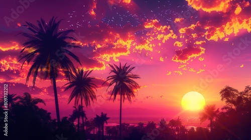 End the day on a high note vibrant skies  silhouetted palm trees  and golden hour glow