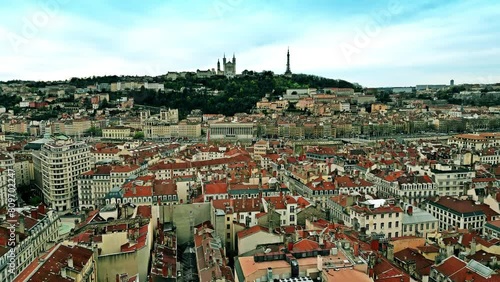 Aerial view of the centre and old town of Lyon and the metallic tower of Fourviere, France photo