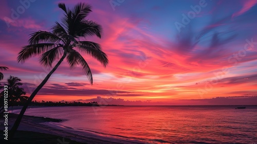 End the day on a high note vibrant skies  silhouetted palm trees  and golden hour glow