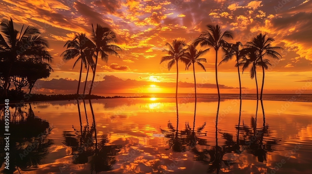  stunning sunset scenes featuring vibrant skies, silhouetted palm trees, and golden hour glow