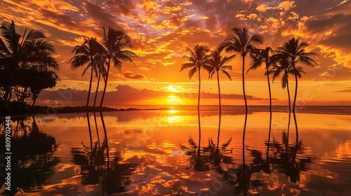  stunning sunset scenes featuring vibrant skies  silhouetted palm trees  and golden hour glow