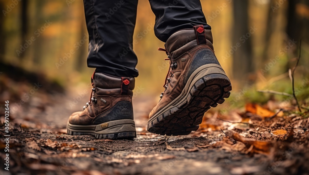 A person is walking on a trail with muddy boots. The boots are brown and have a rugged appearance. The person is wearing blue jeans and he is enjoying the outdoors