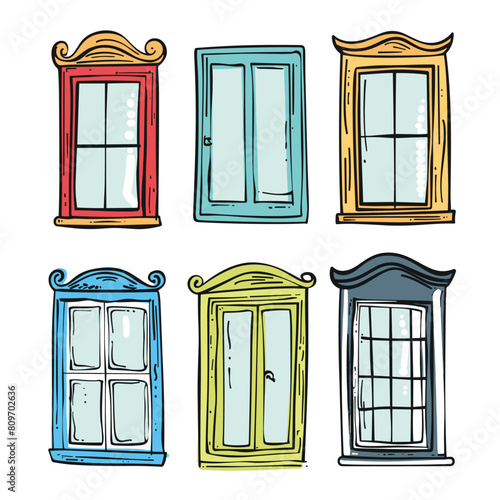 Collection colorful cartoon windows handdrawn, various architectural styles designs. Vintage, European, classic window frames, architectural details. Doodles retro, ornate, wooden windows, vibrant