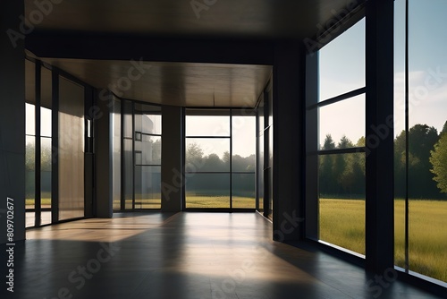 Empty room corner view with large windows. Generative AI 