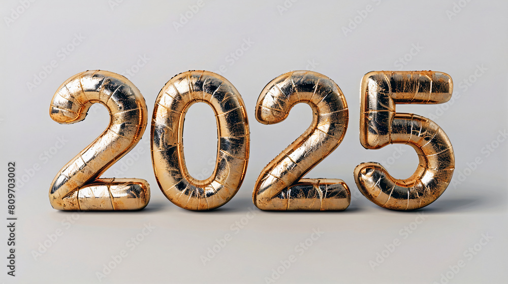 Text of an inflated balloon 2025 on a light background. New Year invitation with gold foil balloons. Generative AI Text of an inflated balloon 2025 on a light background. New Year invitation with gold foil balloons. Generative AI