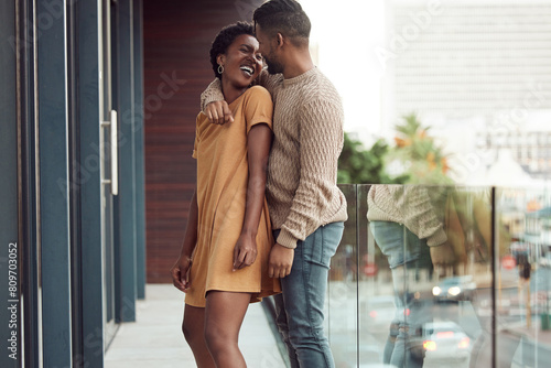 Romance, balcony or happy black couple hug in hotel on holiday vacation together with city, support or view. Relax, apartment or man with African woman with love, commitment or smile in marriage © peopleimages.com