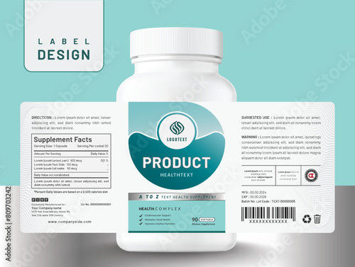 Food supplement multi vitamin label sticker design and dietary medicine bottle jar box packaging.