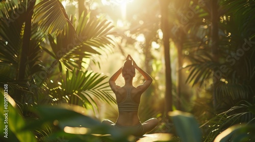 a person practicing yoga outdoors in a tranquil setting with lush greenery and sunlight, emphasizing the importance of mindfulness and physical activity in everyday life photo