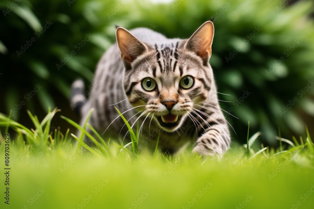 Environmental portrait photography of a funny egyptian mau cat pouncing isolated in lush green lawn
