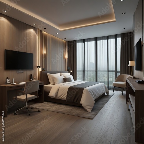 Modern luxury beautiful mock up scene of bedroom and walk in closet area interior design and pattern wall background 3D rendering