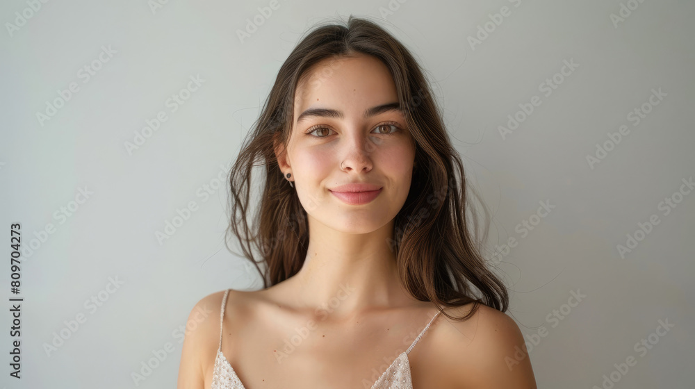 Obraz premium natural charm of a captivating young woman model shines through as she faces the camera with happiness while wearing a beautiful dress.