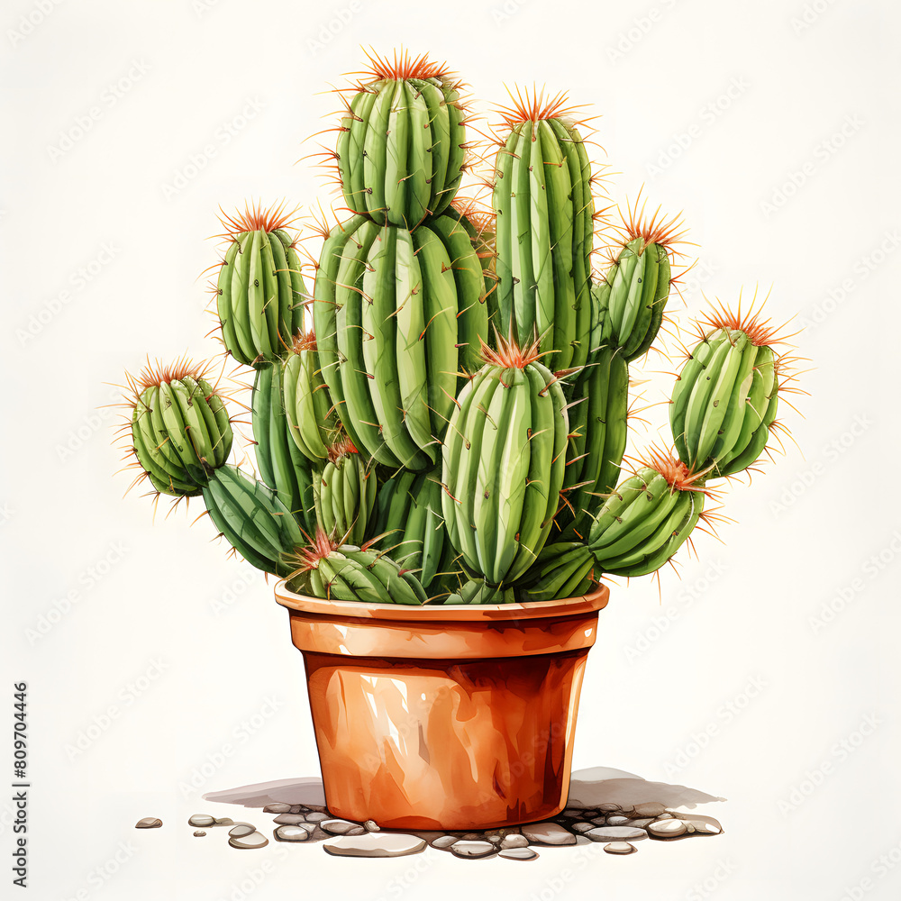 Saguaro (Carnegiea gigantea), Grow on a cute pot, single object, watercolor illustration, white background. Saguaro (Carnegiea gigantea), Grow on a cute pot, single object, watercolor illustration, white background.