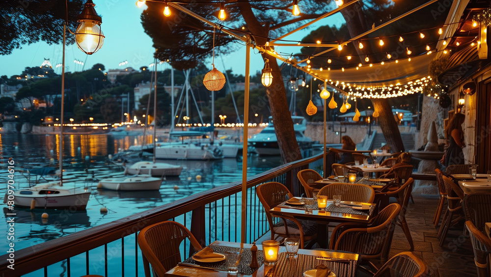 Fototapeta premium Terraced restaurant near harbour with illuminated lights at blue hour