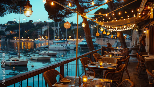 Terraced restaurant near harbour with illuminated lights at blue hour