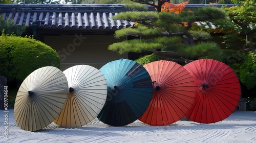 Colorful traditional Japanese umbrellas lined up in a Zen garden