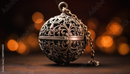 Detailed view of an antique metallic ornament or jewelry piece resting on a table