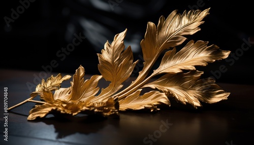 Detailed view of a shiny gold leaf carefully placed on a flat surface