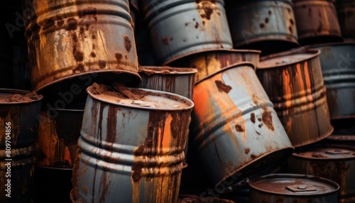 Several rusty barrels used for storing oil are stacked on top of each other