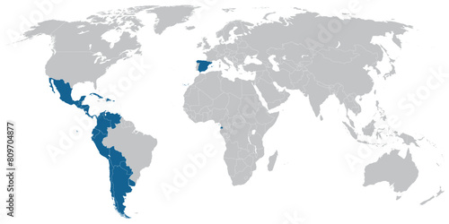 Spanish language speaking countries on map of the world