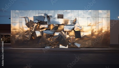 A building covered in various metal pieces, creating a unique exterior design for an art installation