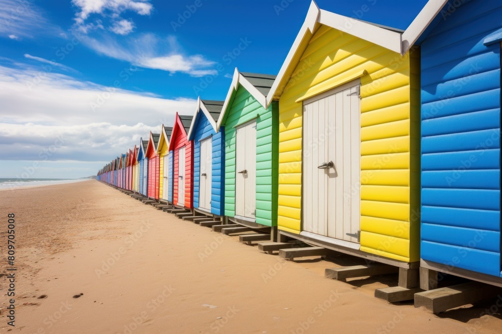 Vibrant row of multicolored beach huts under sunny skies on a sandy beach