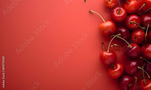 Fresh cherries on red background, Generative AI photo