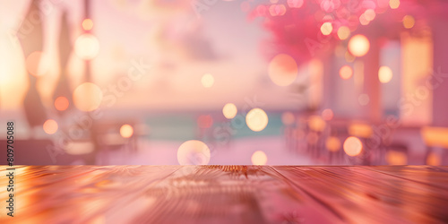Coral-colored surface with a blurred background of a seaside caf    suitable for summer fashion or coastal-themed home decor 