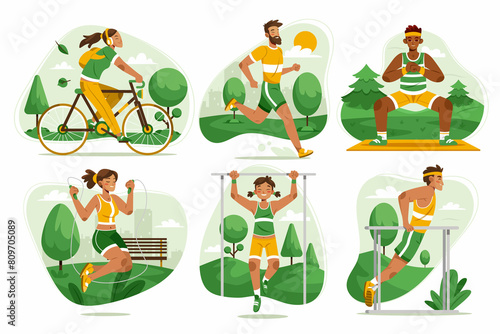 Hand drawn flat outdoor training elements set collection