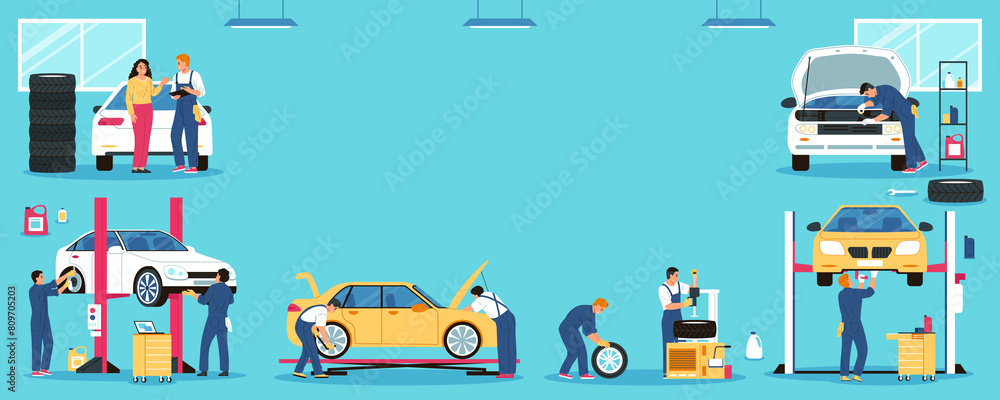 Hand drawn flat car service background with mechanics repairing cars Hand drawn flat car service background with mechanics repairing cars