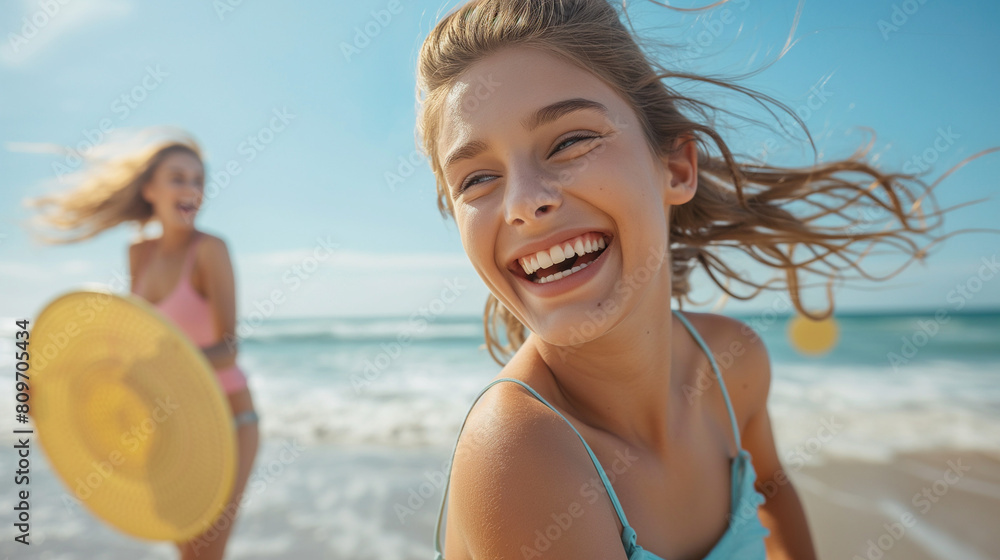 Joyful young women running along the beach on a sunny day