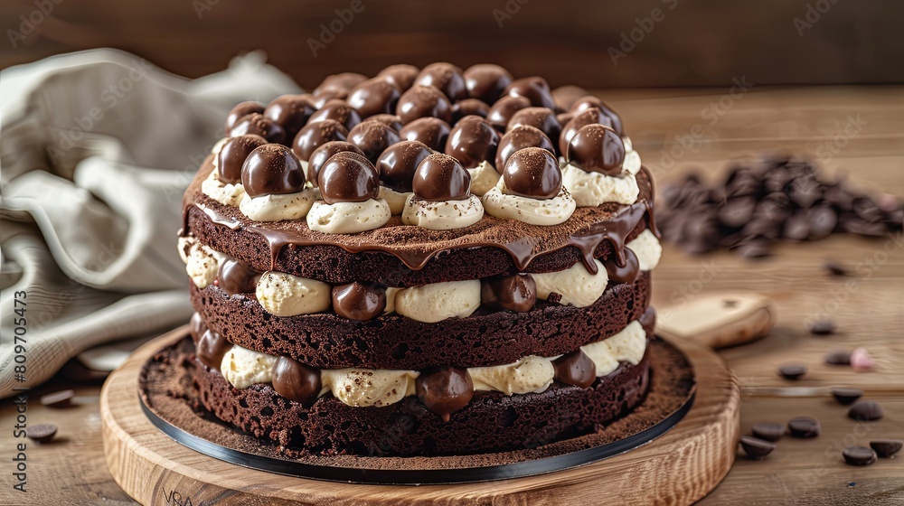 A large chocolate cake with layers of cream and choco balls on top A large chocolate cake with layers of cream and choco balls on top