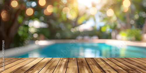 Light bamboo tabletop with a blurred pool party background, perfect for summer entertaining essentials or outdoor dining ware  photo