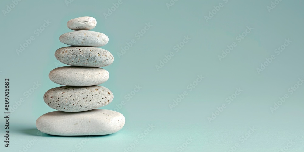 White sea pebble stone stack on light blue background. White sea pebble stone stack on light blue background.