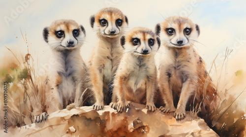 Digital illustration of a curious meerkat family grouped together on a lookout, vividly captured amidst the warm hues of the African savannah. photo