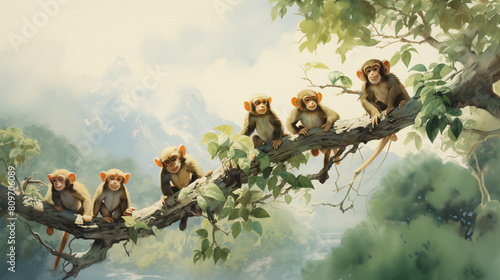 Digital illustration of six baby monkeys with expressive faces, playfully perched on a tree branch in the dense, green jungle canopy. photo