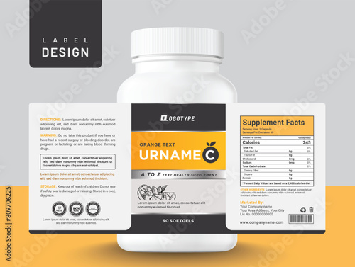 Food supplement multi vitamin label sticker design and dietary medicine bottle jar box packaging.