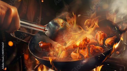 A Chef’s Skillful Preparation of Buffalo Wings in a Sizzling Pan