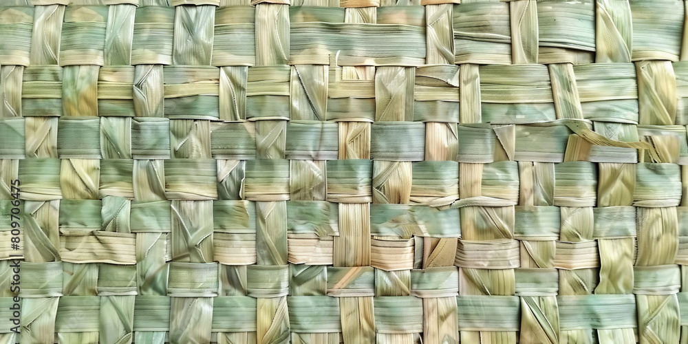 Fototapeta premium Handwoven bamboo pattern, light green and beige a handmade rattan wall texture,Rattan texture, handcraft bamboo weaving texture background, banner