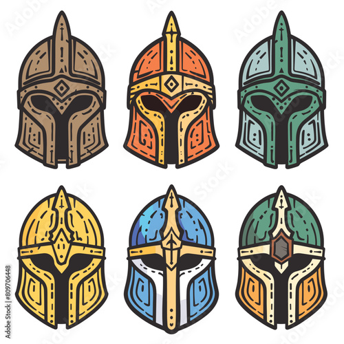 Set six stylized helmets representing futuristic warriors, drawn distinct colors, helmet features unique designs, suggesting different ranks roles within scifi universe. Helmets exhibit cartoonish