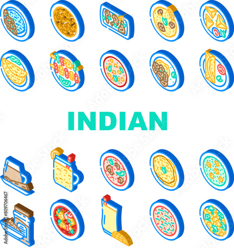 indian cuisine curry food chicken icons set vector. dish restaurant, asian rice, india meal, spice masala, dinner indian cuisine curry food chicken isometric sign illustrations