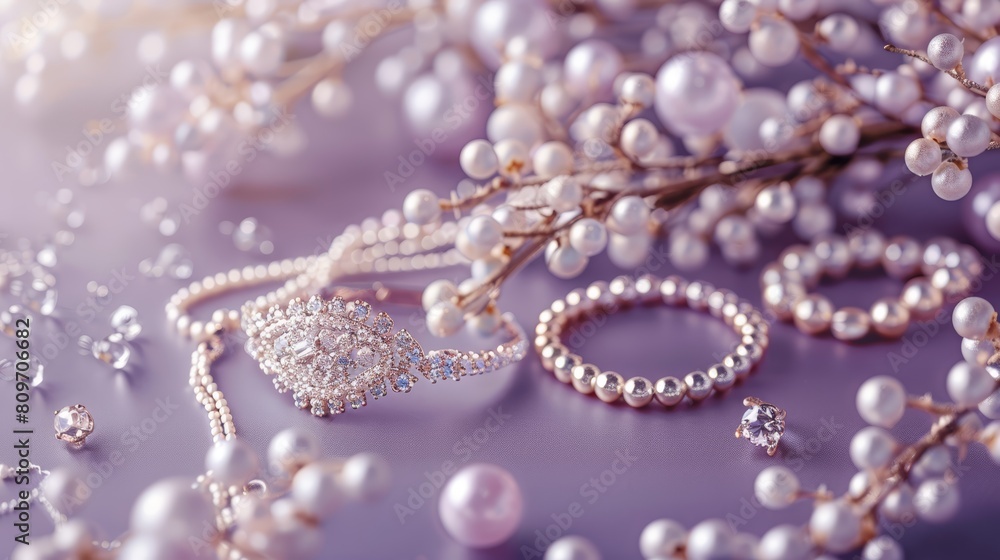Elegant display of sparkling jewelry and accessories on a muted lavender backdrop, perfect for emphasizing luxury and charm Elegant display of sparkling jewelry and accessories on a muted lavender backdrop, perfect for emphasizing luxury and charm