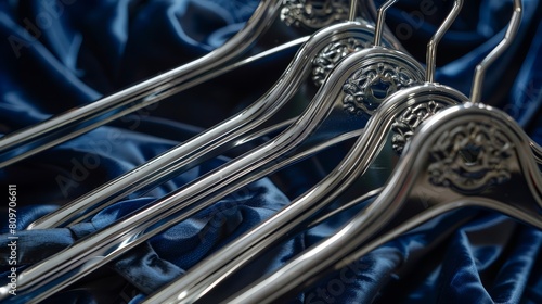 Elegant close-up of silver hangers, contrasted beautifully against a deep blue velvet background, perfect for fashion themes